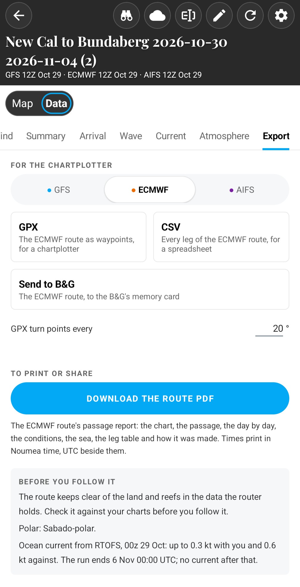 The Export tab of a New Caledonia to Bundaberg route in the Sereno Routing Android app, with a choice of GFS, ECMWF or AIFS, GPX, CSV, Send to B&G, and Download the route PDF.